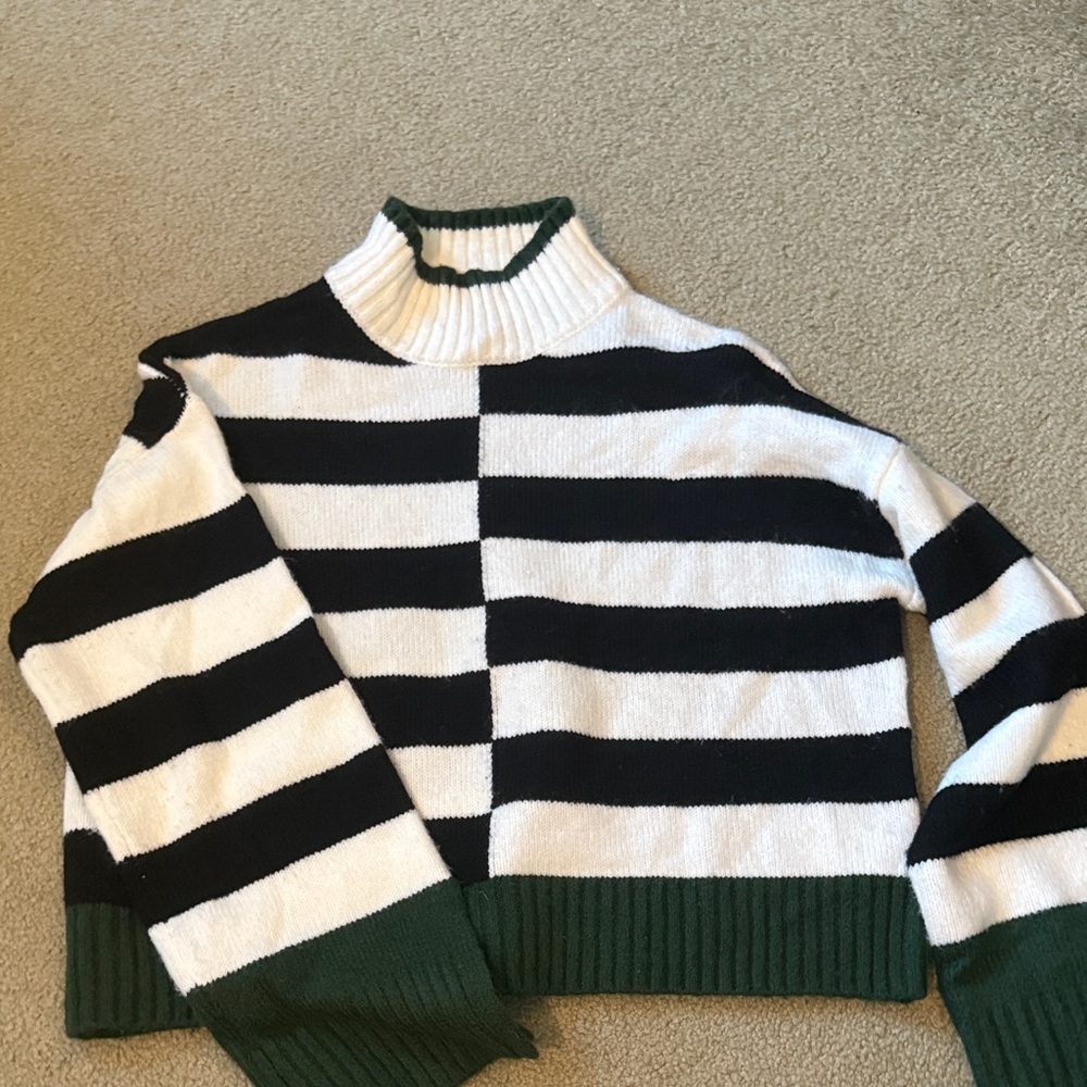 William Rast Black and White Striped Sweater with Green Trim